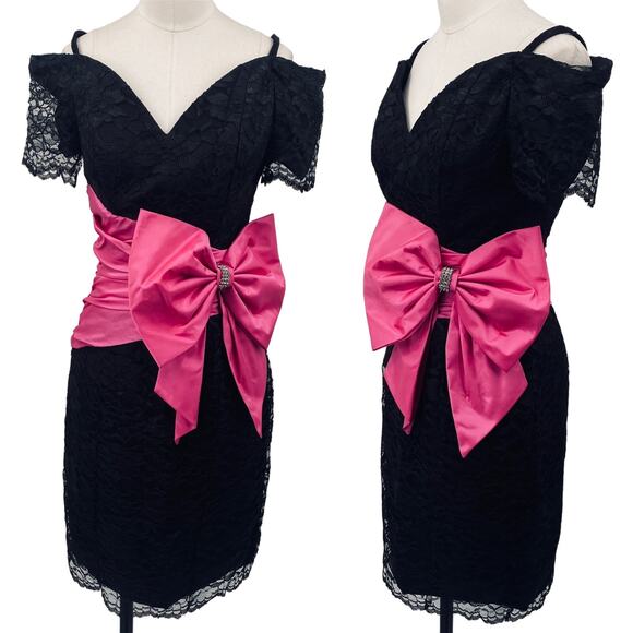 Vintage 80s Satin Bow Dress Lace Sheath Sweetheart Neck Off Shoulder Black Pink - Picture 1 of 10